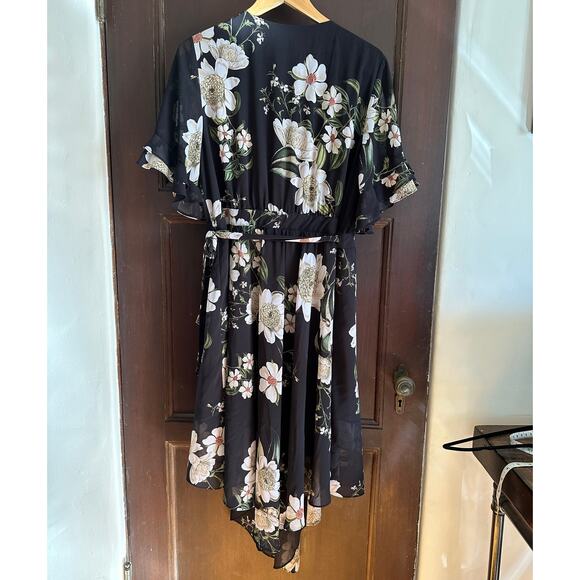 EVER NEW | Black Floral Print Wrap Dress Ruffle Sleeve Ruffle Neck | Size 12 - Picture 2 of 7